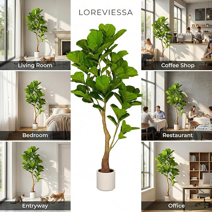 5ft Artificial Fiddle Leaf Fig Tree Tall Large Realistic Fake Ficus Lyrata Plant for Indoor Home Decor Office Living Room Floor Plant Modern Farmhouse Silk Tree 60 Inch Pet Safe Maintenance Free