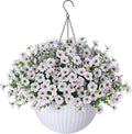 HyeFlora Artificial Fake Hanging White Flowers Plants Basket for Outdoor Outside Fall Winter, Faux Silk Daisy UV Resistant Look Real for Christmas Porch Patio Balcony Home Yard Decoration