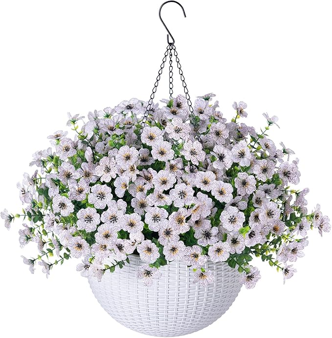 HyeFlora Artificial Fake Hanging White Flowers Plants Basket for Outdoor Outside Fall Winter, Faux Silk Daisy UV Resistant Look Real for Christmas Porch Patio Balcony Home Yard Decoration
