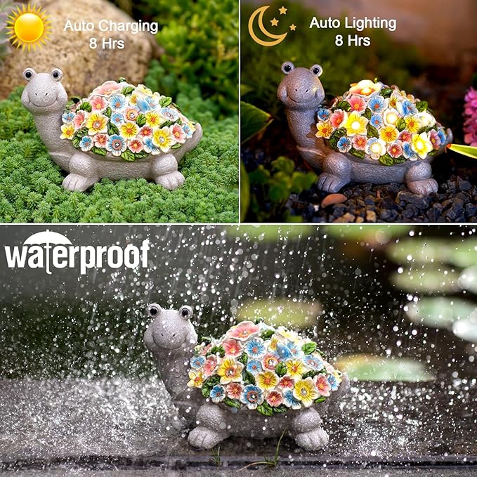 Nacome Solar Turtle Garden Statues: Weatherproof Durable Resin Sculptures with Flowers and Auto LED Lights - Outdoor Lawn Porch Patio Yard Art Decor for Mom Grandma Women