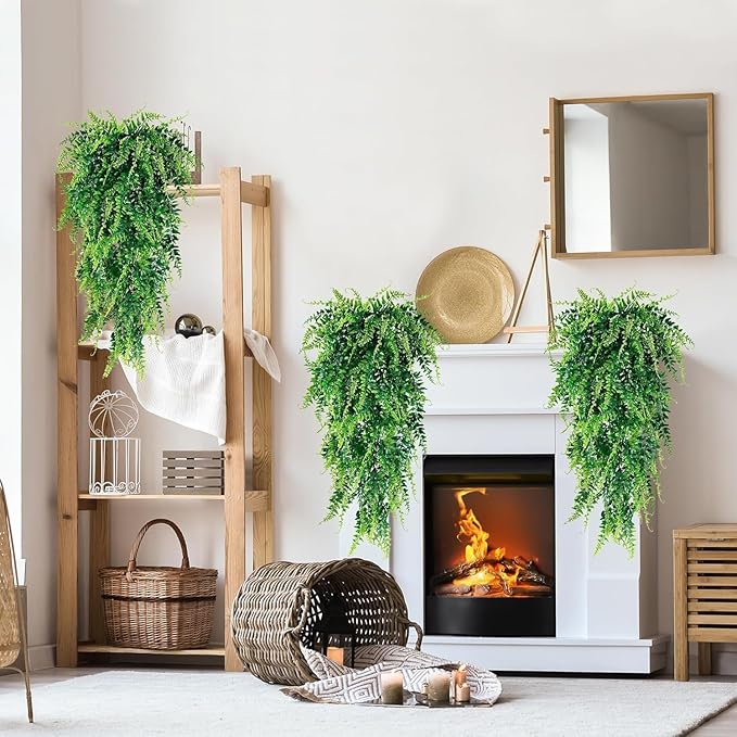 Sggvecsy 6 Pack Artificial Hanging Plants Fake Hanging Plant Faux Hanging Boston Ferns Fake Ivy Vines Greenery UV Resistant Plastic Plants for Indoor Outdoor Room Wall Wedding Patio Porch Decor