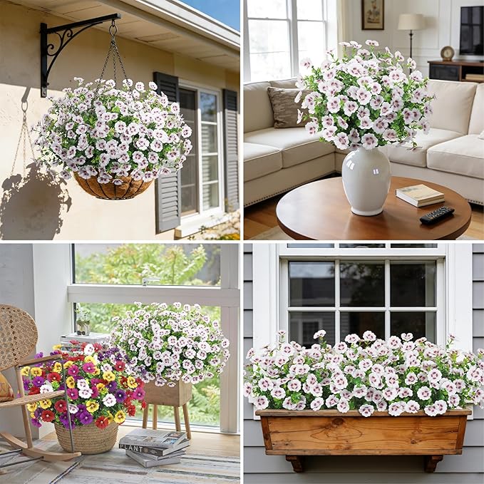 24 Bundles Artificial Flowers for Outdoors Fake Silk Flowers UV Resistant Faux Plants Eucalyptus for Spring Summer Decoration Planters Table Vase Garden Yard Porch Window Home Decor, White