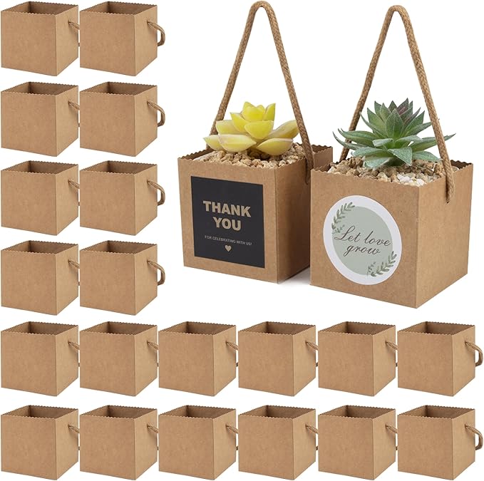 Temlum 2.5 Inch Succulent Wrap Bags (Fits 2.5″ Pots) with Thank You & Let Love Grow Stickers, Small Gift Box for Wedding, Baby Shower, Succulent Party Favors for Guests (Brown 100pcs)