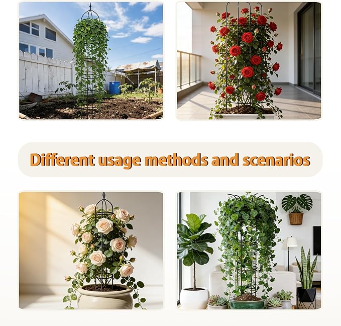 4 Pack Garden Obelisk Trellis for Climbing Plants Outdoor, 6FT Adjustable Metal Plant Support with 3 Decorative Tops, Black Rustproof Trellis for Roses, Tomatoes, Clematis & Vines