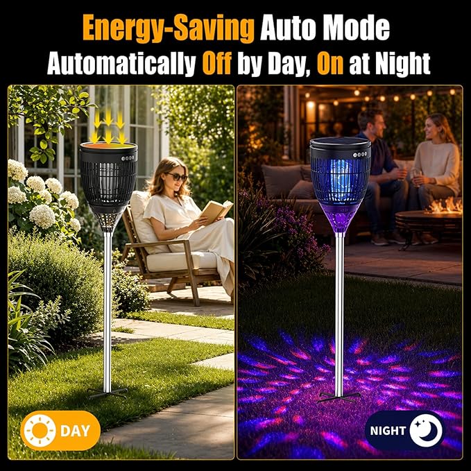 Rossetta Solar Bug Zapper Outdoor, Mosquito Zapper with Flame Lamp & Projector Light, 4200V Electric Fly Zapper Waterproof Rechargeable Mosquito Killer, Cordless Fly Trap for Patio, Backyard, Garden