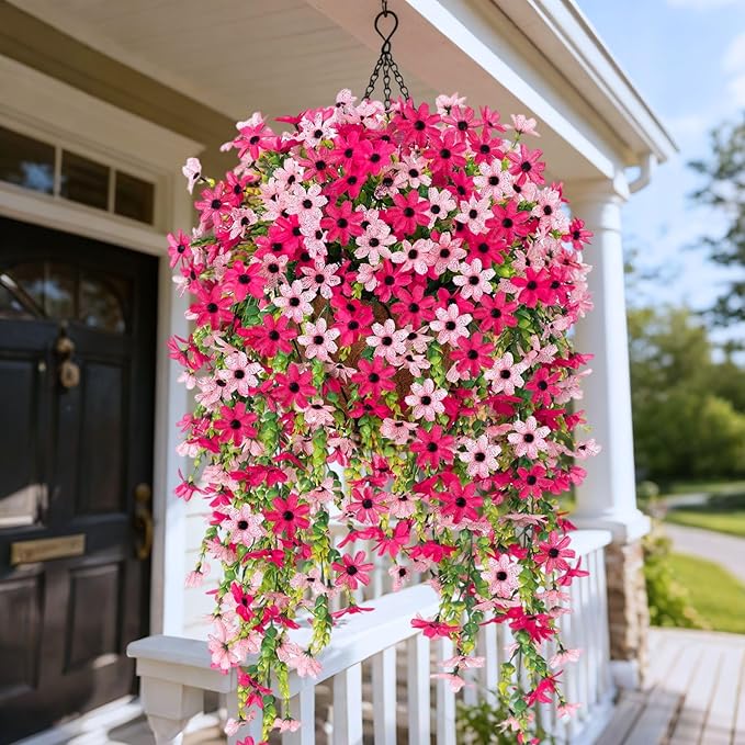 Fake Artificial Hanging Flowers for Outdoors Fake Plants Decoration, 2 Bundles Faux Silk Colorful Daisy Eucalyptus Realistic UV Resistant for Outside Home Planter Porch Patio Yard Decor(Rose Pink)