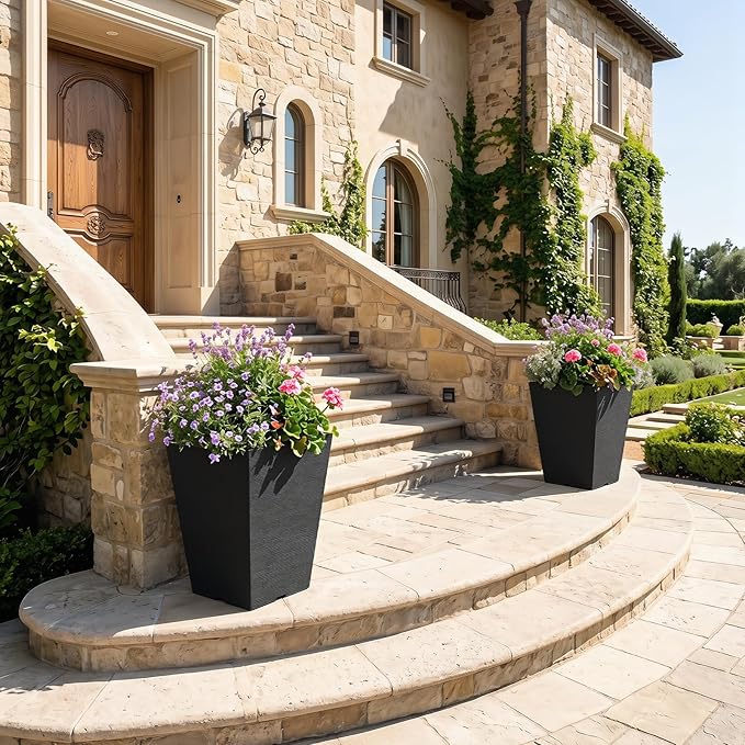Giantex Square Taper Planter Set of 2, 10"x10"x14" Self-Watering Flower Pots with/Removable Inner Bucket & Drainage Holes, Indoor Outdoor Decorative Plant Container for Porch Balcony, Black
