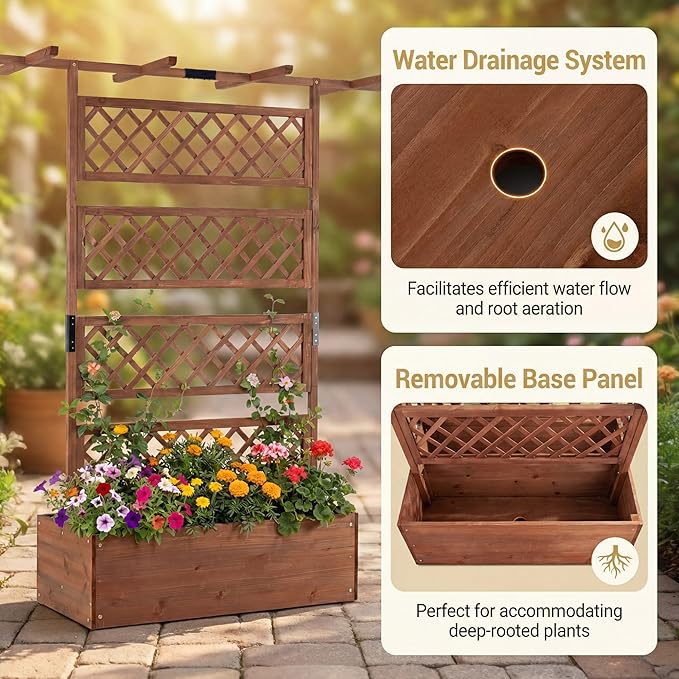 COSTWAY Wooden Raised Garden Planter with Trellis and Roof, 72" Freestanding Privacy Screen & Climbing Plant Support for Outdoor Patio, Balcony, Vegetable, Herb, and Flower Gardening (Brown,1)