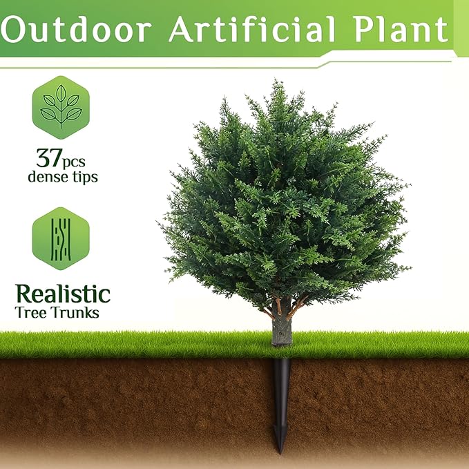 PATIO CHOICE Topiary Trees Artificial Outdoor Cedar Ball Trees with Ground Spike Set of 2 22" Fake Outdoor Plants Faux Bushes and Shrubs Decorations for Outdoor Indoor Front Porch Garden