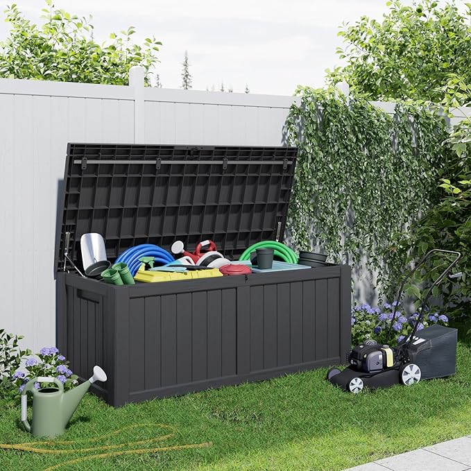 PatioZen 120 Gallon Resin Deck Box, Lockable Patio Outdoor Storage Box for Furniture, Garden Tools and Tools Storage, Waterproof Outside Storage Boxes - Black