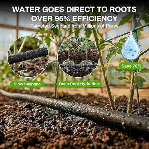 Upgraded 230FT Drip Irrigation System with 1/4" Soaker Hose -Weeping Technology for Deeper Root Watering,Garden Watering System for Raised Beds, Greenhouse, Lawn - Save 70% Water