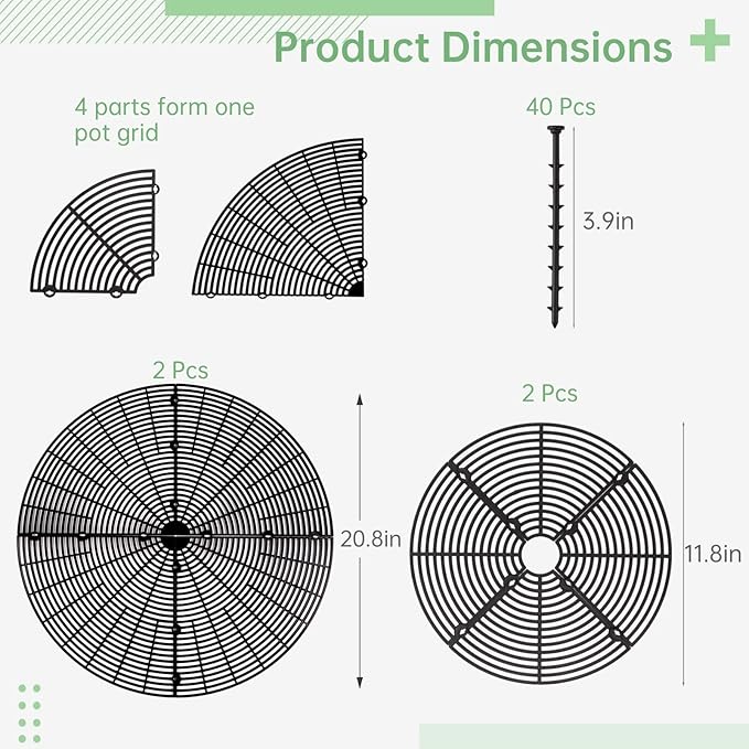 4 Pcs Flower Pot Cover, 11.8 in & 20.8 in Plant Pot Grid with Stakes, Cuttable Abs Plant Protectors, Pet Digging Deterrent for Indoor & Outdoor Plants