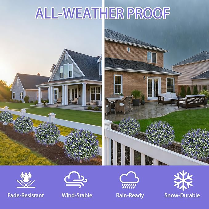 Artificial Lavender Topiary Ball Trees, Set of 2 UV Resistant Fake Evergreen Shrubs Bushes Plants with Ground Spike, 18" Fake Plants for Outdoor Indoor Front Porch Garden