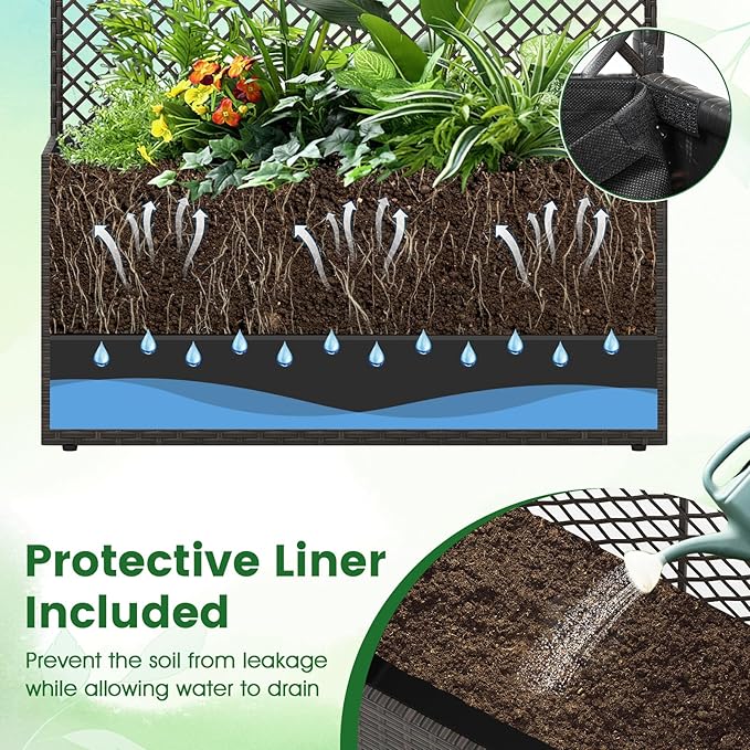 HAPPYGRILL Raised Garden Bed with Trellis, Wicker Planter Box w/Privacy Screen, Liner, Drainage, Outdoor PE Rattan Elevated Garden Bed for Climbing Plant Vine Flower (1, Brown, 29" x 11" x 49")