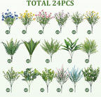 Alupssuc 24Pcs Artificial Flowers and Plants,UV Resistant & No Fade Fake Plastic Greenery Shrubs for Home Garden, Pathway, Front Porch-Spring Summer Decor, Indoor/Outdoor Use,Pink Blue Yellow White