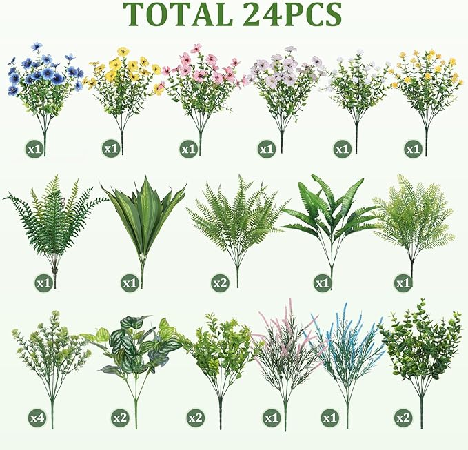 Alupssuc 24Pcs Artificial Flowers and Plants,UV Resistant & No Fade Fake Plastic Greenery Shrubs for Home Garden, Pathway, Front Porch-Spring Summer Decor, Indoor/Outdoor Use,Pink Blue Yellow White