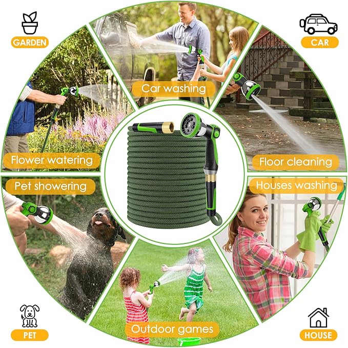Non-Expandable Garden Hose 50 FT, Lightweight Hose with 10 Function Spray Nozzle, Kink-Free Flexible Water Hose, Durable, Leak-Proof, 360° Swivel Connectors, Portable Storage Strap