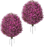 27'' Artificial Topiary Plants for Outdoor 2 Pack Artificial Topiary Trees with Stable Metal Ground Spike Fake Bushes Shrubs for Outside Garden Front Porch Landscape Walkway, Pink Eucalyptus