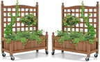 Giantex Set of 2 Mobile Plant Raised Bed, Wood Planter with Lattice Trellis and Wheels, Flower Box for Plant Climbing, Vertical Garden for Balcony Patio Yard, 25"x 11"x 32.5"