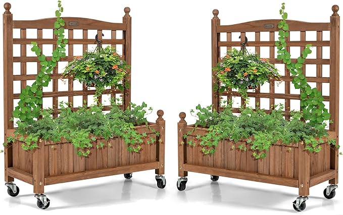 Giantex Set of 2 Mobile Plant Raised Bed, Wood Planter with Lattice Trellis and Wheels, Flower Box for Plant Climbing, Vertical Garden for Balcony Patio Yard, 25"x 11"x 32.5"