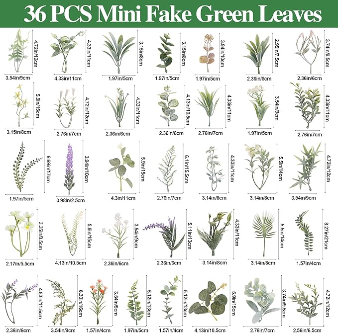 FOIMAS 36Pcs Mini Fake Green Leaves, Artificial Faux Plants Leaves Flowers for DIY Craft Small Bouquets Bridal Baby Shower Envelope Cakes Gifts Home Party Wedding Anniversary Decoration