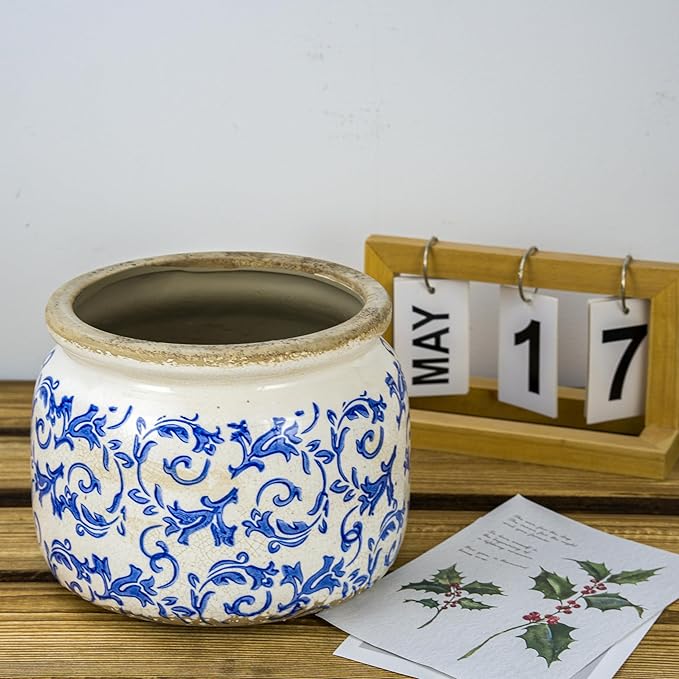 Dosayes Large Ceramic Pot for Planters, Ice Crack Glazed Flower Pot with Drainage Holes,5.91inch Vintage Planters for Indoor and Outdoor (Blue)