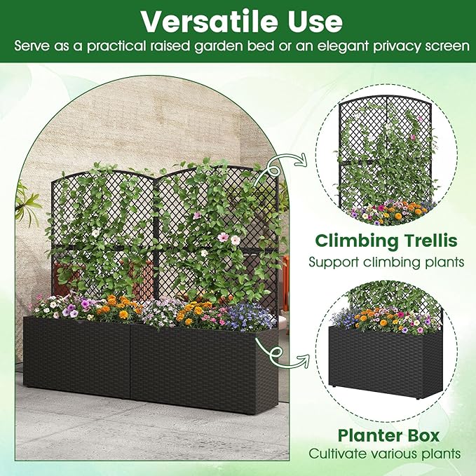 Giantex Raised Garden Bed with Trellis, 49'' Tall PE Rattan Planter Box w/Liner & Drainage, Metal Frame Privacy Screen for Vertical Climbing Plants, Vegetables & Flowers, Patio Balcony Gardening