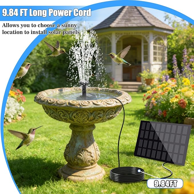 Yeomi Solar Fountain Pump for Bird Bath, 2W Upgraded Solar Water Pump with Separate Panel & 3M/9.84ft Cable, 4 Nozzles for Fountain Effects, Eco-Friendly for Bird Bath, Garden, Pond, Patio Decor