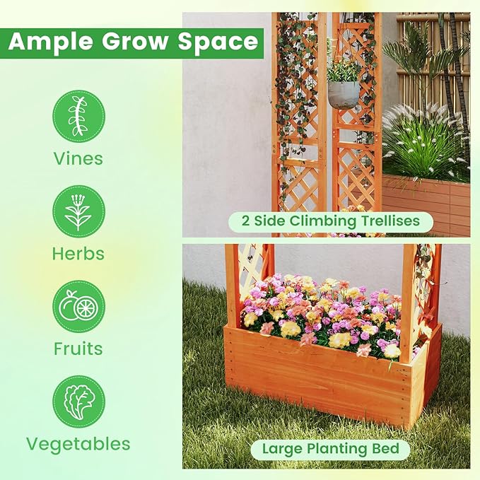 MAT EXPERT Raised Garden Bed with Trellis & Hanging Roof, Lattice Panel with Drainage Hole for Flower, Climbing Plant, Herb, Planter Box for Garden, Patio, Yard (1, 31" L x 14" W x 60" H)