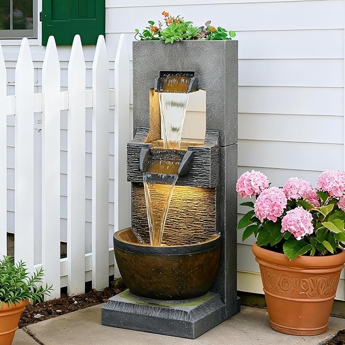 Bumilgar 39" H Modern Indoor Fountain with LED Lights and Pump, 3-Tier Standing Cascading Waterfall - Modern Design for Garden/Patio/Yard, Multi-Level Outdoor Decor 15“x14”x39“(Brown)