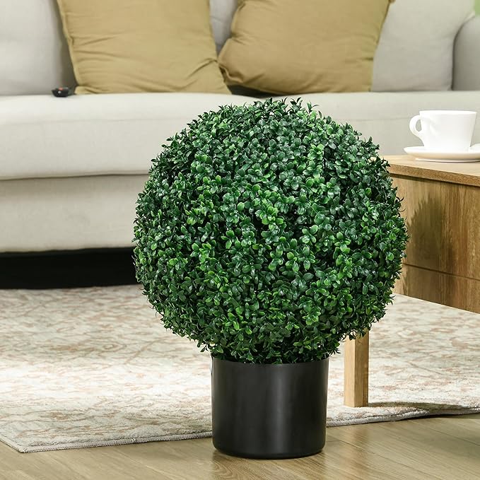 HOMCOM Set of 2 20.5" Artificial Ball Boxwood Topiary Trees with Pot, Indoor Fake Plants for Home Office & Living Room Decor