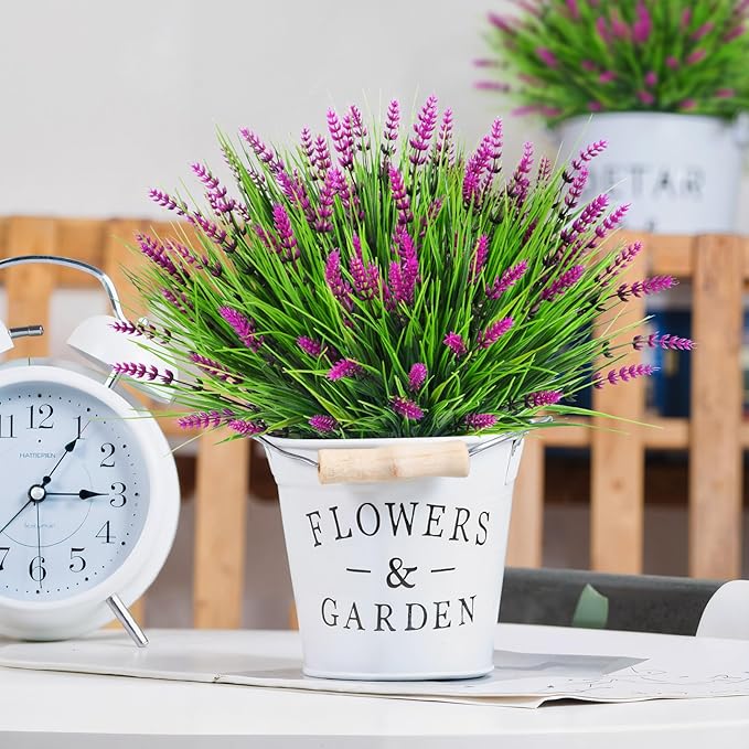 Bassion Artificial Flowers for Outdoors, 24 Bundles Fake Lavender Flowers UV Resistant Fuchsia Plastic Plants Faux Monkey Grass for Home Porch Garden Window Box Indoor Outdoor Decorations