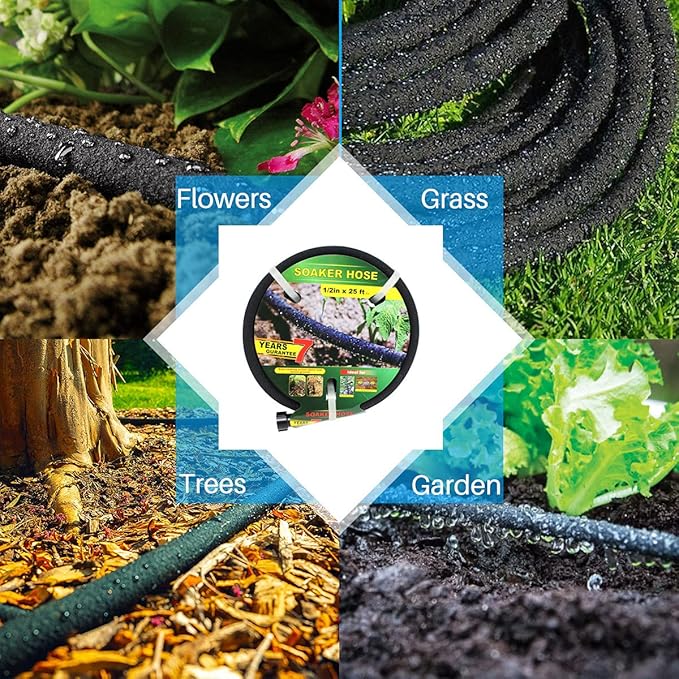 Taisia 1/2" Soaker Hose 25 ft Round Rubber Garden Water Hoses, Heavy Duty Drip Hose for Watering Irrigation, Water Seeper Soaker Hoses for Garden, Lawn and Plants