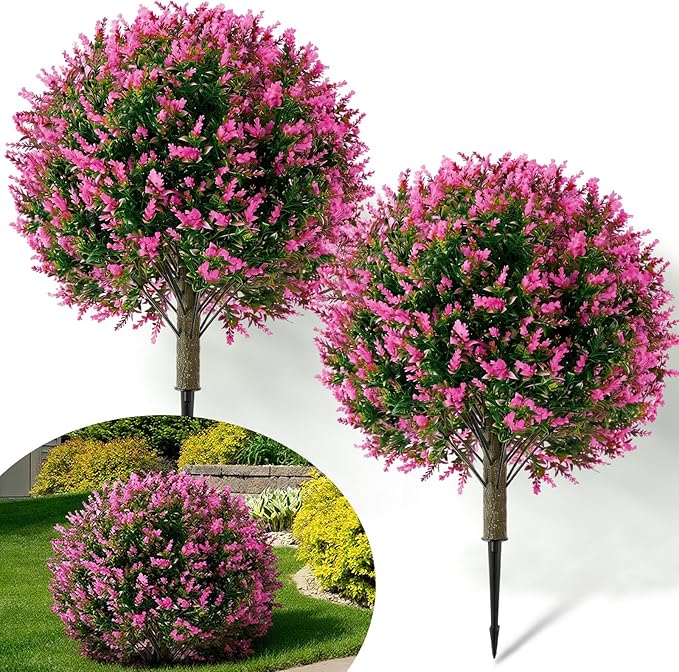 Lunmon 2 Pack 24" Artificial Topiary Ball Plants Trees with Flowers, Outdoor Fake Topiary Plants with Ground Spike, UV Resistant Faux Bushes for Indoor Outdoor Front Door Decor(Rose Pink,Lavender)