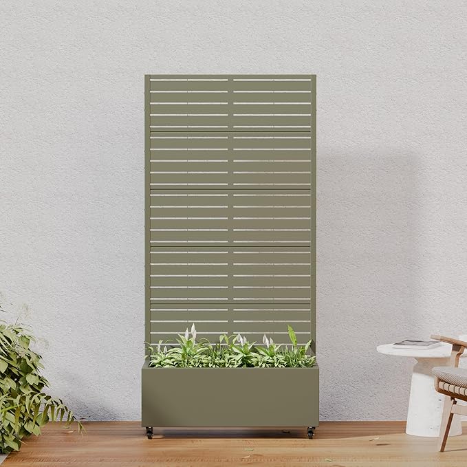 Casaphoria Metal Raised Garden Bed with Trellis and Wheels, 72"x35"x16" Planter Box for Climbing Plants, Vegetables & Vines, Features Drainage Holes and Privacy Screen, Green-Louvered