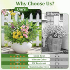 Alupssuc 48Pcs Artificial Flowers and Plants,UV Resistant & No Fade Fake Plastic Greenery Shrubs for Home Garden, Pathway, Front Porch-Spring Summer Decor, Indoor/Outdoor Use,Pink Purple Yellow Blue