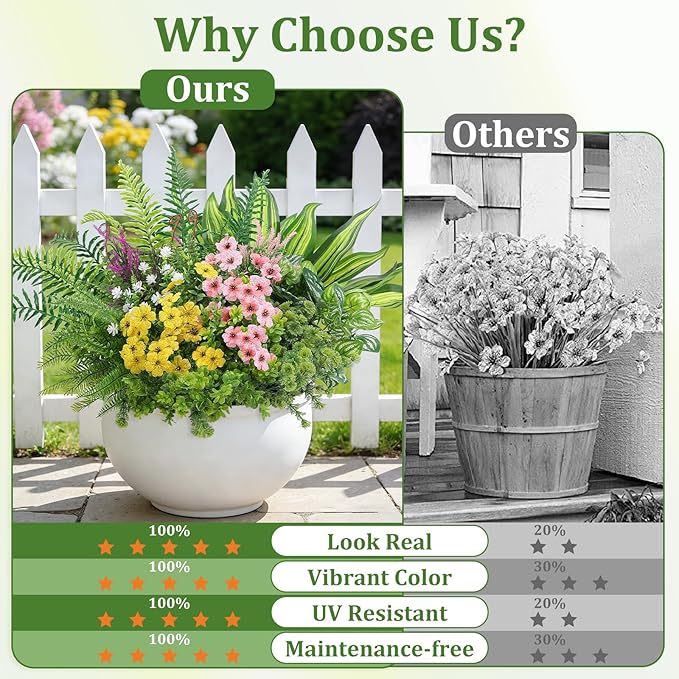 Alupssuc 24Pcs Artificial Flowers and Plants,UV Resistant & No Fade Fake Plastic Greenery Shrubs for Home Garden, Pathway, Front Porch-Spring Summer Decor, Indoor/Outdoor Use,Pink Purple Yellow Blue