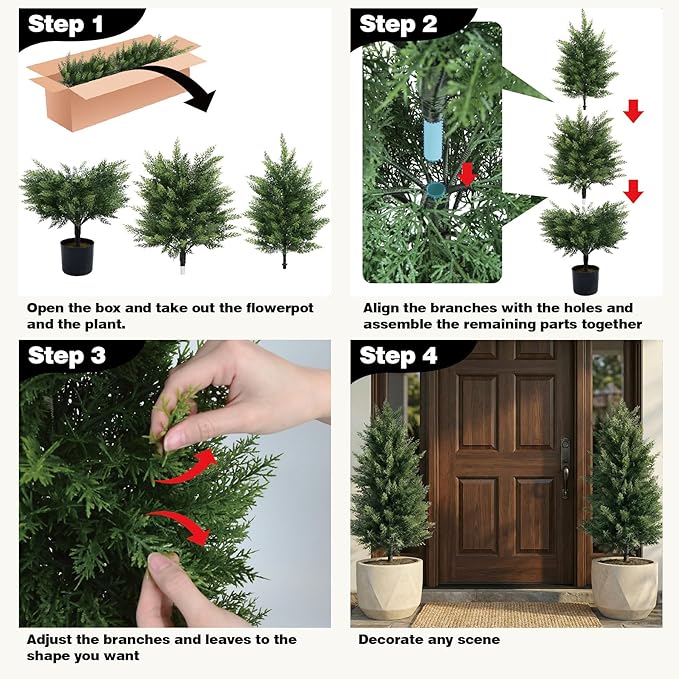 Joyooss Artificial Topiary Cedar Tree,3FT Faux Outdoor Plants Front Porch Decor 2 Set Evergreen Shrubs Fake Plant Artificial Bushes Cypress Trees with Flowerpot for Home Living Room Front Door Decor