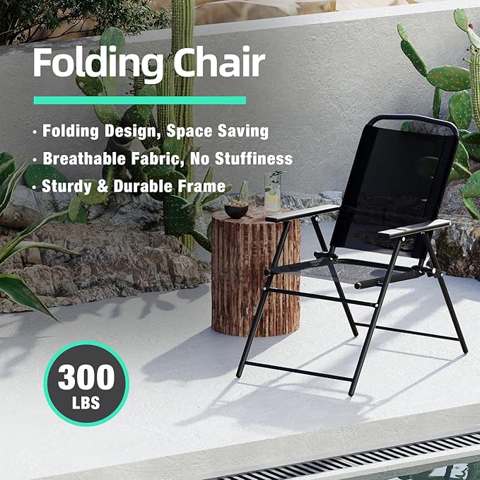 TAVATA Patio Dining Set with Umbrella, Patio Table and Chairs Set with Round Glass Table, 4 Folding Chairs, 6 Piece Outdoor Furniture Sets for Garden, Lawn, Backyard, Deck (Black)