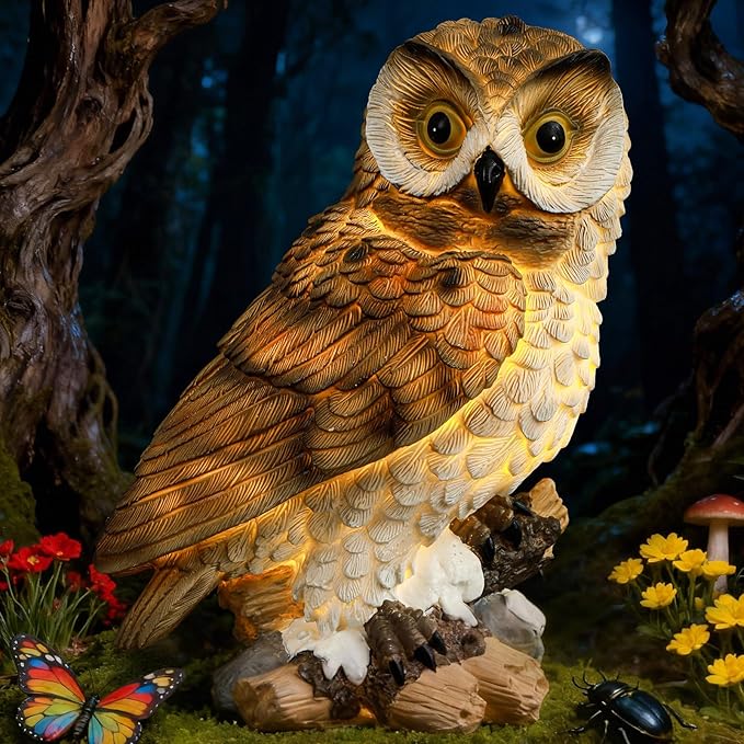 Solar Owl Garden Outdoor Statue,Owls Figurine Sculpture with LED Lights for Porch Patio Lawn Yard Deck Spring Summer Decor - Mother's Day Housewarming Gift for Women Men Owl Lover