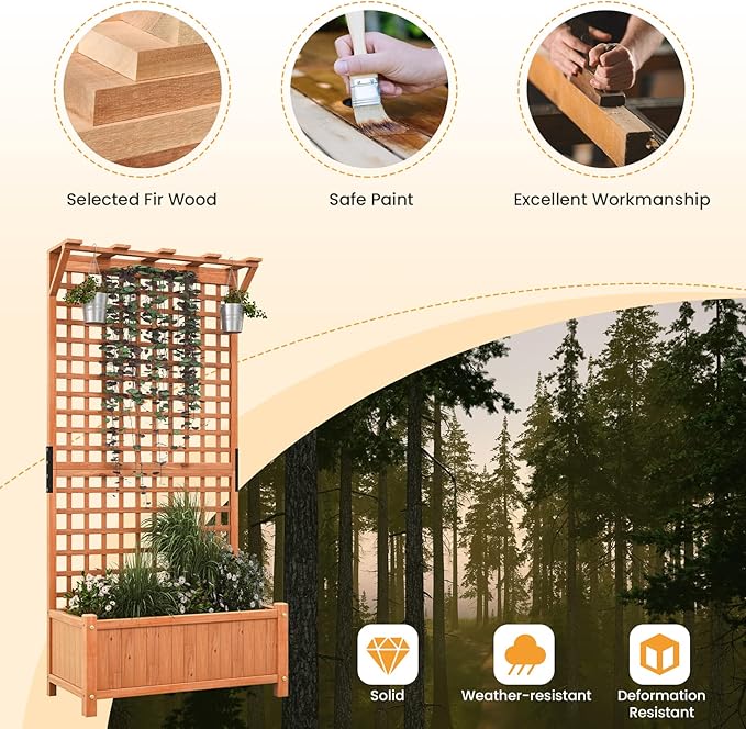 Giantex Raised Garden Bed with Trellis & Roof, 72.5" Wooden Garden Bed, High Trellis for Plant Flower Climbing Pot Hanging, Indoor & Outdoor Planter Box for Yard, Garden, Balcony