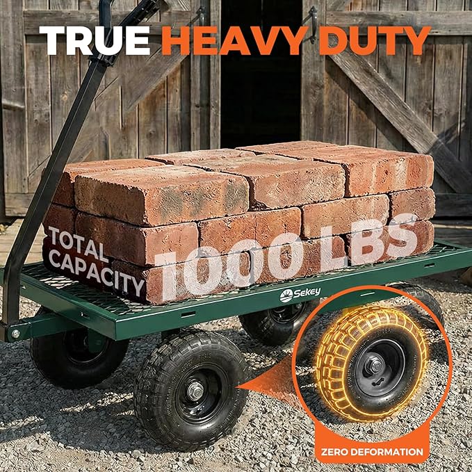 Sekey 1000lbs Heavy Duty Steel Garden Cart for Yard & Farm, Utility Wagon with Removable Sides (Convert to Flatbed), 10" Rubber Tires, Green