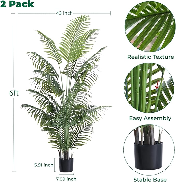 6FT Tall Artificial Palm Trees, Potted Plant (2 Pack) Tropical Areca Palm, UV Resistant Indoor/Outdoor Fake Plant in Black Cement Pot, Realistic Decor for Patio, Living Room, Office