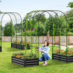 3 in 1 Galvanized Raised Garden Bed with 87" H Arch Trellis for Climbing Plants, Outdoor Gardening Planter Box with Climbing Net for Flower Vegetables Fruits Herbs, Black