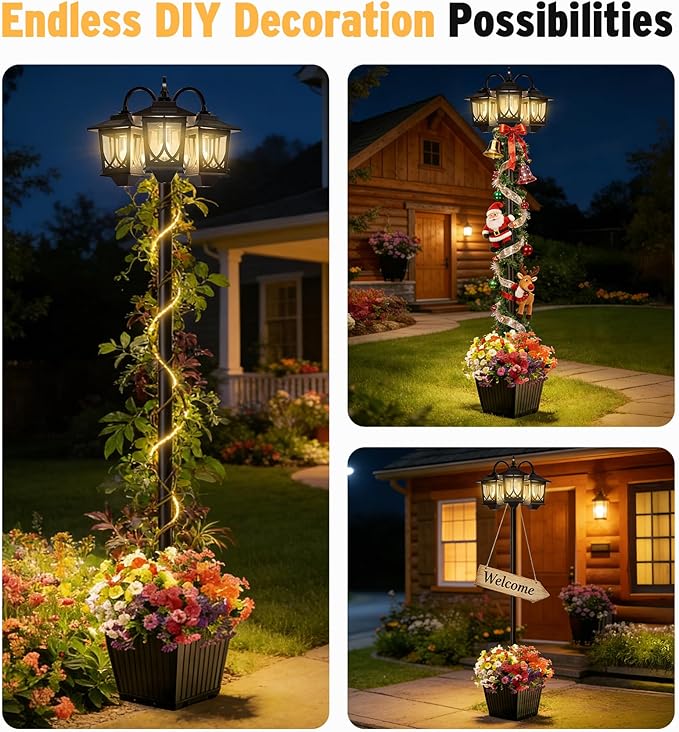 3-Head Solar Lamp Post with Planter, 74" Solar Light Flower Pot Lamp Post, 60Lm Waterproof Solar Light Poles for Outside, Garden, Patio, Yard, Driveway, Replaceable Bulb, Warm White (3000K)