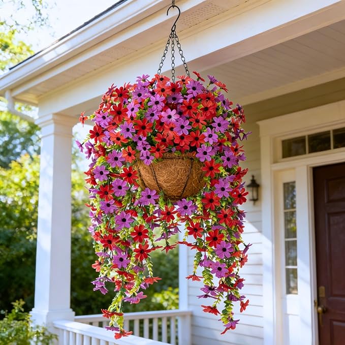 Fake Artificial Hanging Flowers for Outdoors Fake Plants Decoration, 2 Bundles Faux Silk Colorful Daisy Eucalyptus Realistic UV Resistant for Outside Home Planter Porch Patio Yard Decor(Purple Red)