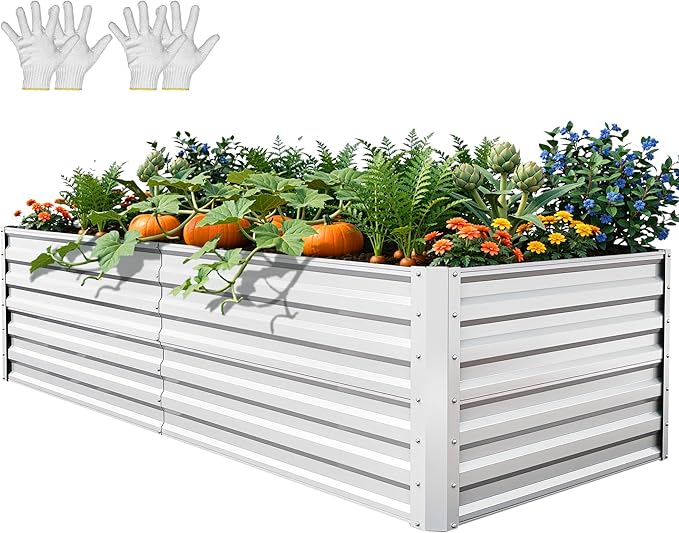 YITAHOME 6x3x2ft Large Raised Garden Bed Kit, Galvanized Metal Planter Box with Gloves, Support Rod, Outdoor Above Ground Planters for Plants, Vegetables, Flowers, Silver