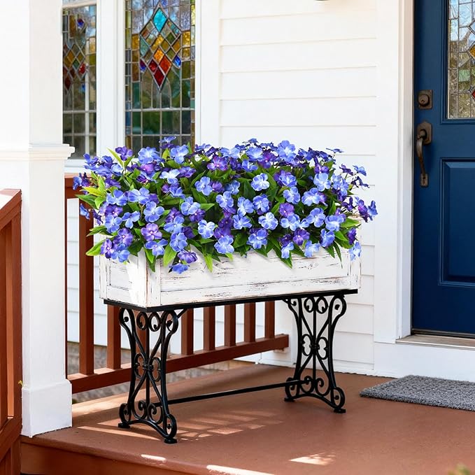 Artificial Impatiens Flowers for Outdoors, 6 Bundles Silk Fake Flowers for Spring Summer Decoration, UV Resistant Faux Plants Plastic Bouquet for Home Planter Porch Patio Yard Decor(Double Blue)