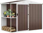 DWVO 8 x 4 ft Outdoor Storage Shed with 2-Tier Shelf, Metal Tool Shed & Garden Storage Cabinet for Backyard, Patio, Equipment & Bike, Brown