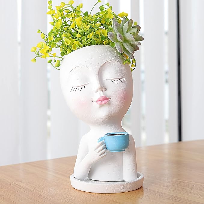 Face Planter Pot - Lady Face Flower Pot for Indoor & Outdoor Plants - Resin Succulent Planter with Drainage Hole, White